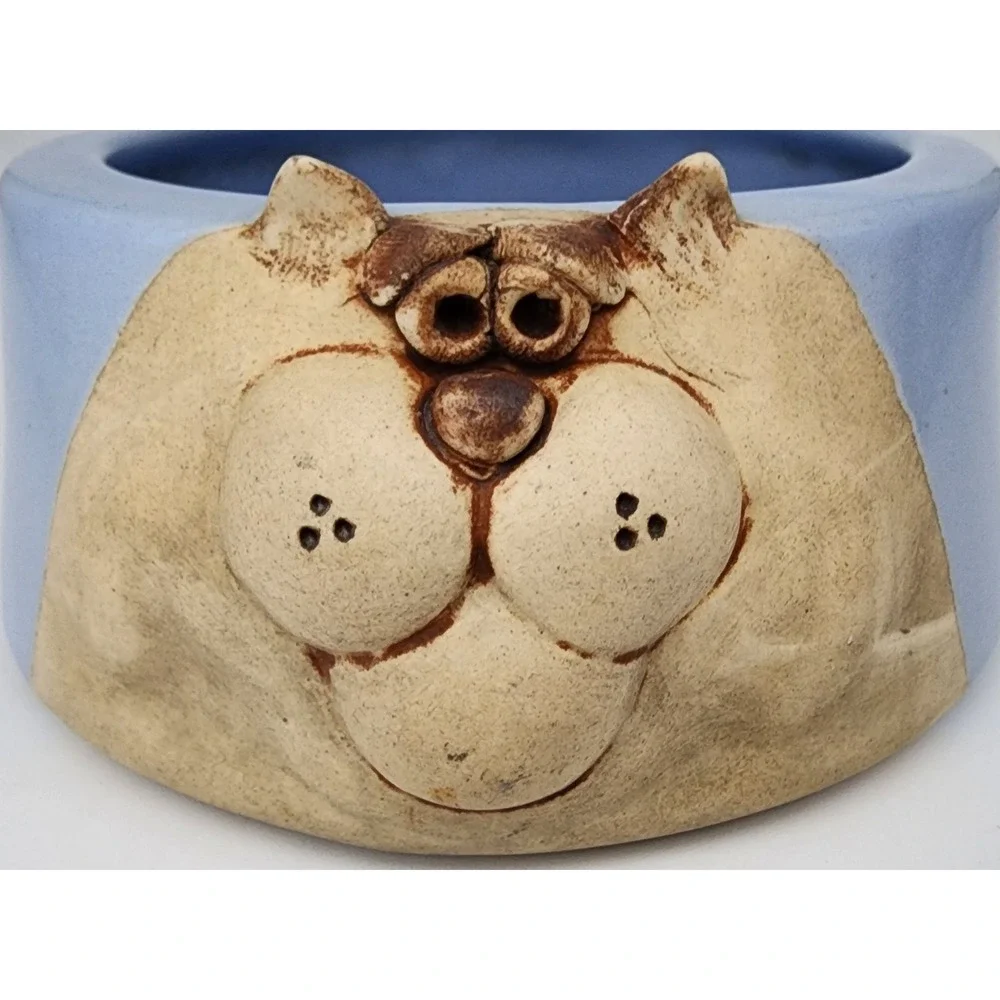 Ceramic Cat Face Pet Bowl Small Blue Tan Whimsical 3D Relief Studio Pottery